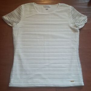 𝅺Calvin Klien Womens Scoopneck White Short Sleeve‎ Striped Top Sz Medium